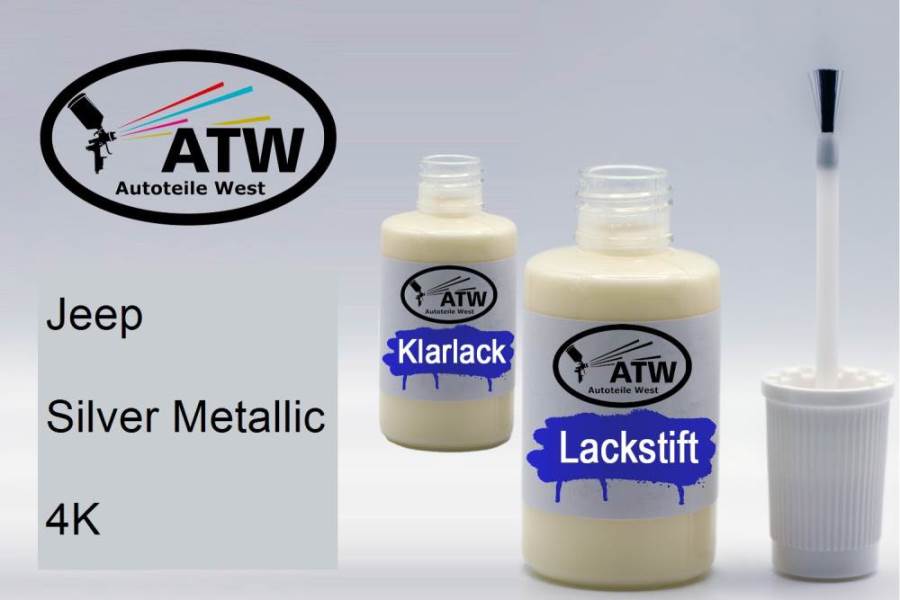 Jeep, Silver Metallic, 4K: 20ml Lackstift + 20ml Klarlack - Set, von ATW Autoteile West.